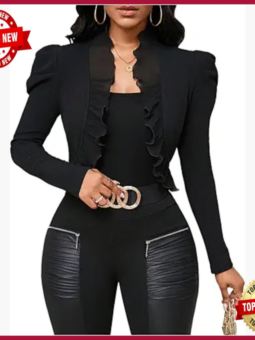 Ruffle Cropped Blazer Jacket Puff Sleeve Open Front Business Casual